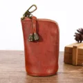 Étui à clés en cuir marron vintage pour hommes, pochette zippée rétro avec crochet en métal. - Marron