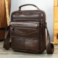 Bolso bandolera de hombre de cuero autentico marron vintage casual hombro con multiples bolsillos - Café