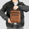 Bolso bandolera de cuero genuino para hombre casual de negocios con multiples bolsillos. - Marrón