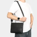 Men's genuine leather messenger bag, black cowhide crossbody shoulder bag with flap. - Black Horizontal