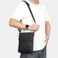 Men's genuine leather shoulder bag black minimalist crossbody bag phone pouch daily use - Black Vertical Style