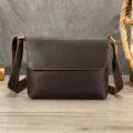 Men vintage crazy horse leather messenger bag, dark brown cowhide casual crossbody bag - Dark Brown Horizontal Style