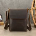 Men vintage crazy horse leather shoulder bag, casual brown crossbody messenger bag for daily use. - Deep Coffee Medium
