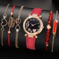 Elegante Damen-Quarzuhr und Set aus fünf passenden roten Armbändern in Roségold - Rotes Set (Ohne Box) / Rot
