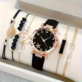 Detailansicht eines eleganten Damen-Quarzuhren-Sets mit fünf passenden Armbändern - Schwarz-Gold Set (Ohne Box) / Schwarz