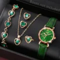 Luxuriöses Damen-Uhrenset mit Smaragd-Schmuck, Herz-Anhängern und grünem Lederarmband - 5-teiliges Set (Uhr+Armband+Halskette+Ohrringe+Ring) / Grün