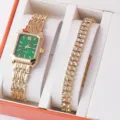 Detailansicht eines luxuriösen goldenen Stahlband-Uhren- und Strass-Armband-Sets in Box - Gold Grünes Zifferblatt Strass Armband Set (XR5465)