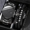 Minimalist black men's quartz watch paired with luxury crown beaded bracelets set - Watch And Bracelet Combination (With Crown Bracelet) / Black