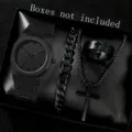 Premium-Schmuckset für Herren in Schwarz mit Quarzuhr, Kreuzkette, Armband und Ring - Set 2