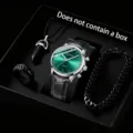 Nahaufnahme eines luxuriösen Herren-Quarzuhren-Sets mit Lederarmband und Zubehör - Schwarzes Armband Grünes Zifferblatt Zubehör-Set