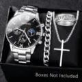 Set orologio al quarzo da uomo Geneva argento con bracciale a maglie e collana croce - Set da 4 Pezzi Orologio Argento Bracciale Collana E Anello / Argento