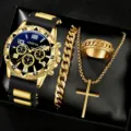 Elegantes Luxus-Quarzuhr-Set für Herren mit Goldkette, Ring und Kreuzanhänger-Halskette - Goldenes Accessoire 4-Teilige Kollektion (Set 3)