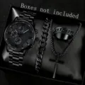 Schwarzes Herren-Schmuckset mit Uhr, Armband, Kreuzkette und Ring für Herren Mode - Set 3 (Uhr + Armband + Kette + Ring)