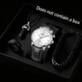 Herren Business Quarzuhr Set mit schwarzem Lederarmband, Ring und Halskette Detail - Schwarzes Armband Weißes Zifferblatt Zubehör-Set