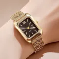 Elegante goldene Damen-Quarzuhr mit rechteckigem schwarzen Zifferblatt in Detailansicht - Goldfarbe Schwarz