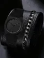 Close-up of minimalist black men's quartz watch and cuban link bracelet set - Set 4
