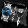 Nahaufnahme eines eleganten Herren-Uhrensets mit Armband, Kette und Ring - 4-teiliges Set / Silber Blau 4-teiliges Schmuck-Set (XR5505)