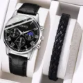 Close-up of men's business quartz watch with black leather strap and braided bracelet - Watch and Bracelet Set / Black