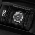 Detail of men's business quartz watch set with four matching black bracelets - Watch and Multiple Bracelets Set / Black