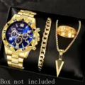 Luxury men's gold watch set with bracelet necklace and ring detail view for gift - Set 1 / Gold Tone Dark Blue Dial