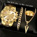 Luxury gold men's watch set including Cuban bracelet, ring, and arrow necklace - Set 2 / Gold Tone Light Gold Dial