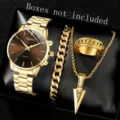 Goldene Herren-Quarzuhr und passendes Schmuckset präsentiert in einer schwarzen Box - 4-teiliges Set / Gold Braun 4-teiliges Schmuck-Set (XR5505)