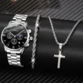Elegante set orologio al quarzo Geneva argento da uomo con bracciale e collana a croce - Set da 3 Pezzi Orologio Argento Bracciale E Collana a Croce / Argento