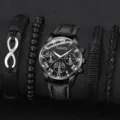 Herren Business-Uhrenset mit schwarzem Lederarmband und vier passenden Armbändern - Uhr und 4 Armbänder Set / Schwarzes Lederarmband Schwarzes Zifferblatt
