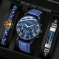Nahaufnahme einer eleganten blauen Herren-Quarzuhr und eines passenden Armbandsets - Uhr + Armband Set / Blaue Lederuhr