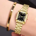 Luxuriöse Damen-Quarzuhr in Gold mit quadratischem Zifferblatt und Stahlarmband - Uhr + Armband Set / Goldfarbe Schwarz