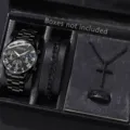 Herren Mode Schmuckset mit schwarzer Quarzuhr, Armband und Kreuz Halskette für Männer - Uhr Halskette Armband Ring Set / Schwarze Stahluhr