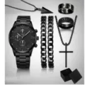Schwarzes Herren-Geschenkset mit modischer Uhr, Panzerarmbändern und Halsketten. - Set 4 (mit Box)
