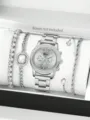 Elegantes silbernes Quarzuhren- und Armbandset für Damen mit Kristalllünette - Silber Drei-Augen Digital Set (JQ330)