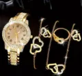 Luxuriöse vergoldete Uhr mit römischen Ziffern und passendem Herz-Schmuckset für Damen - Gold Herz Zifferblatt (2)