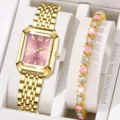 Elegante goldene quadratische Quarzuhr für Damen mit rosa Zifferblatt und Kristallarmband - Uhr + Armband Set / Goldenes Gehäuse Rosa Zifferblatt