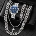 Detailansicht Herren Silberuhr und Iced-out Panzerkette Schmuckset in Schwarz - Uhr und Halsketten und Armband Set / Silberne Stahluhr