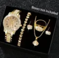 Luxuriöses goldenes Strass-Uhrenset inklusive Armband, Kette, Ring und Ohrringe Set - Gold Geometrische Zifferblatt (3)