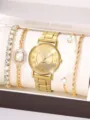 Elegantes 5-teiliges goldfarbenes Quarzuhr- und Kristallarmband-Set für moderne Damen - Gold Herz Römisch Set (JQ330) / 5-teiliges Set