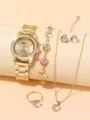 Elegante goldfarbene Damen-Quarzuhr und Kristall-Herz-Schmuckset 5-teilige Kollektion - Set 1