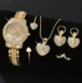 Luxuriöses goldfarbenes Full-Diamond-Uhren- und Herzschmuck-Set mit funkelnden Strasssteinen - Gold Herz Zifferblatt (5)