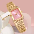 Elegante luxuriöse goldfarbene quadratische Quarzuhr für Damen mit rosa Zifferblatt - Nur Uhr Stil / Goldenes Gehäuse Rosa Zifferblatt