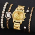 Luxuriöse Damen-Quarzuhr in Gold mit Kristallarmband und Ring-Accessoire-Set - Gold Drei-Augen Digital Set (JQ330)