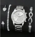 Elegantes silbernes Geneva Uhr- und Strassarmband-Schmuckset für modebewusste Damen - Set 2