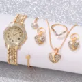 Luxuriöses Damenuhren-Set Gold mit funkelnden Strass Herz Halskette Ohrringen Armband - Römisches Zifferblatt + Armreif + Zubehör / 6-Teiliges Set / Gold