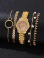 Luxuriöses goldenes Strass-Uhrenset mit 4 passenden modischen Armbändern für Damen - Gold Römische Zifferblatt (7)