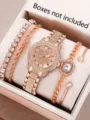 Set aus roségoldener Uhr mit römischen Ziffern und vier Kristall-Armbändern - Roségold Drei-Augen Strass Set (JQ330)