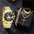 Luxuriöses goldenes Herrenuhr-Set mit Kettenarmband, Kreuzhalskette und Ring - Gold Mit Logo Uhr Und Zubehör