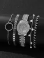 Silberne Quarzuhr mit vollen Strasssteinen, römischen Ziffern und Armband-Set - Silber Römische Zifferblatt (8)