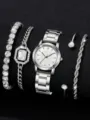 Elegantes Set aus silberner Quarzuhr und Armbändern mit funkelnden Kristallen für Damen - Silber Leuchtend Set (JQ330)
