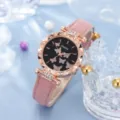 Elegante Damenuhr mit rosa Lederarmband und silber glitzernden Schmetterlingsmotiven - Rosa
